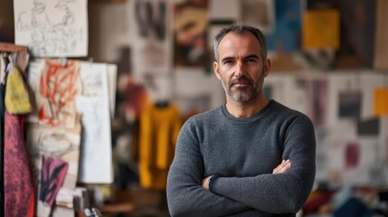 Fototapeta premium A thoughtful male designer in his forties stands confidently in his studio, surrounded by creative works and inspirations, showcasing a passionate artistic environment.
