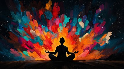 Serene Silhouette Meditating Amidst Vibrant Cosmic Abstract Art Painting