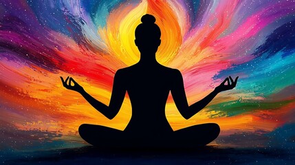 Serene Woman Meditating in Colorful Abstract Background Yoga Mindfulness Spiritual Peace