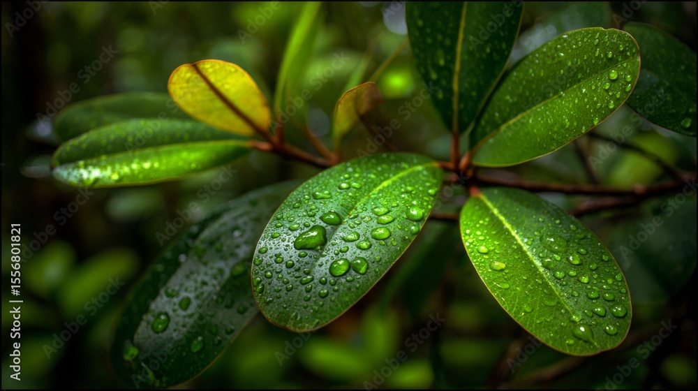 Poster a close-up of mangrove leaves with water droplets, capturing the details of their texture and color 