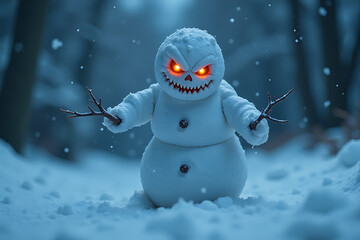Angry Snowman with Glowing Eyes in Snowy Forest

