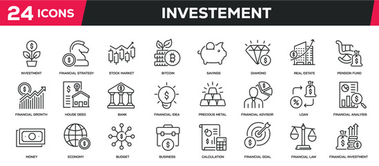 Set of collection line icons related investment, income, finance. Editable stroke. Perfect pixel on transparent background