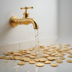 Golden faucet with water flowing out There were gold coins all over the floor. on a white background
