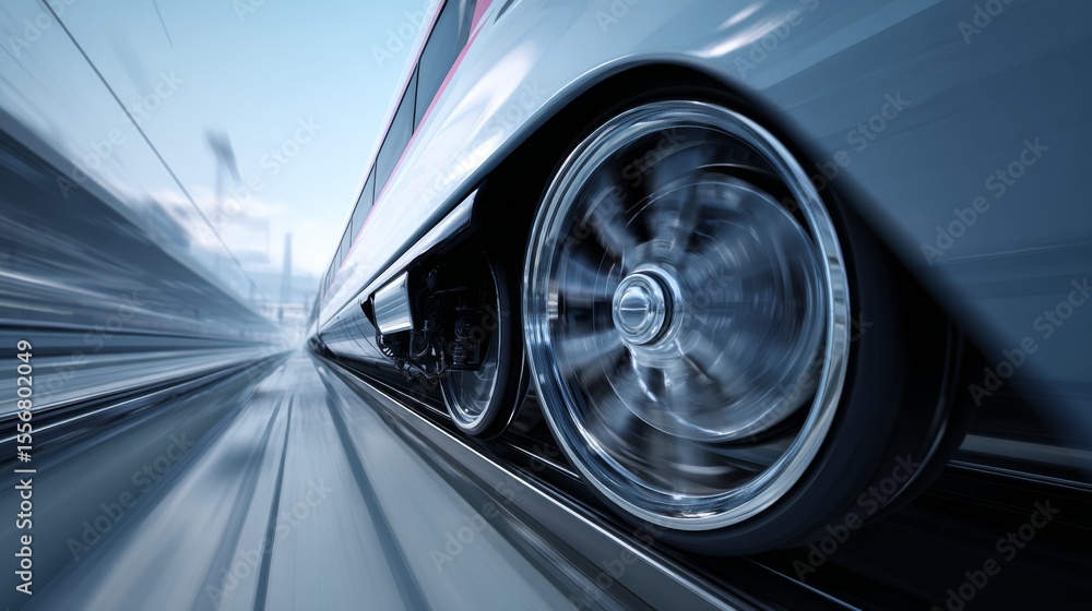 Poster A close-up of the wheels of a high-speed train in motion, with blurred scenery in the background, emphasizing speed and engineering precision