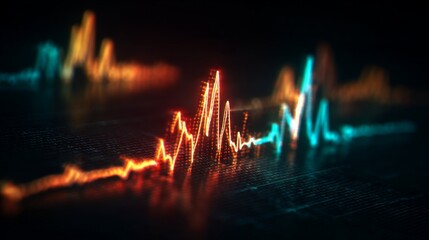 A close-up view of an electrocardiogram ECG monitor displaying a heart wave pattern, with vibrant lines showing the rhythm of a beating heart against a dark background