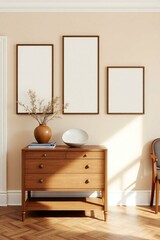 Mid century modern home decor mockup with wooden chest