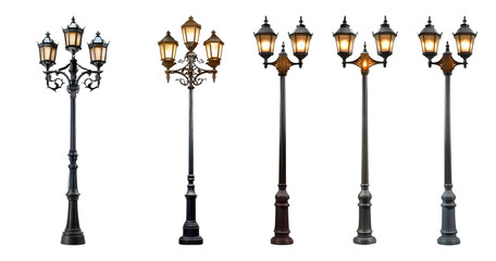 Elegant Vintage Street Lamps Collection for Urban Night Scenes, PNG bundle collection, Isolated on Transparent Background