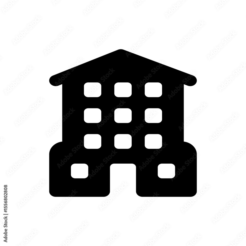 Poster black silhouette of a building with a pointed roof and multiple windows arranged in a grid pattern d