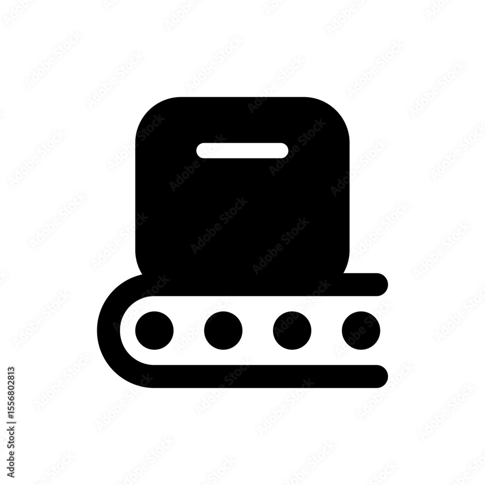 Aufkleber illustration of a conveyor belt system with a square object on top in a simple black and white style
