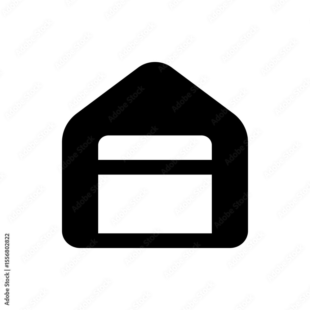 Poster simple black and white house icon with rounded edges and a rectangular opening in the center design 