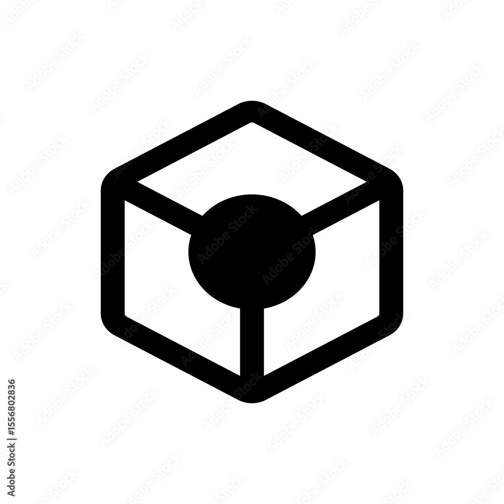Poster black outlined cube with rounded edges and a black circle in the center with connecting lines inside