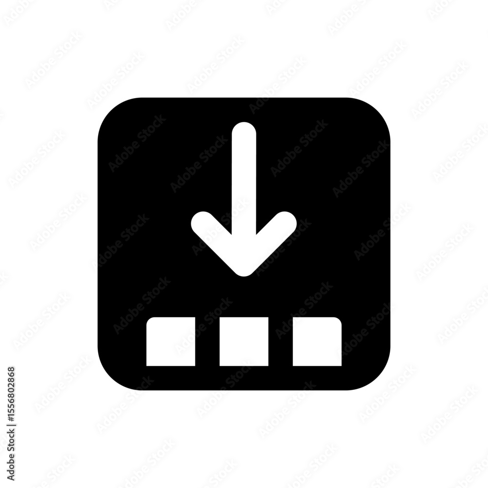 Poster black rounded square containing a white arrow pointing downwards above a white horizontal bar shape