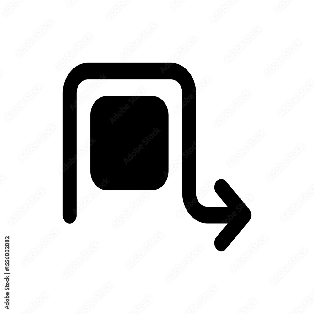 Poster black square with rounded corners inside a square outline and a curved arrow pointing rightward icon