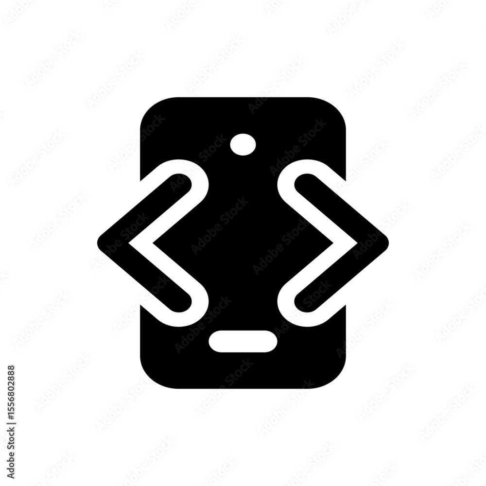 Poster black smartphone icon with two angle brackets and a circle on the screen and a pill shape at the bot
