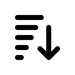 Descending list with arrow pointing down indicating sorting or ordering in a graphical representation style icon