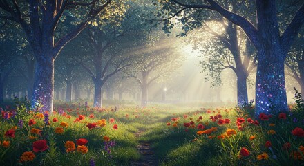 Magical forest path with flowers and sunlight