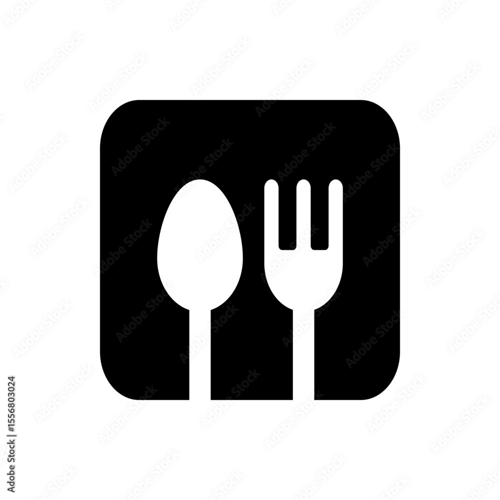 Aufkleber black rectangle with rounded corners containing a white spoon and fork side by side in the center