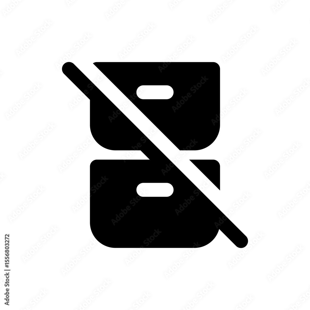 Poster icon of two stacked storage boxes with rounded corners crossed out by a thick diagonal line symbolis