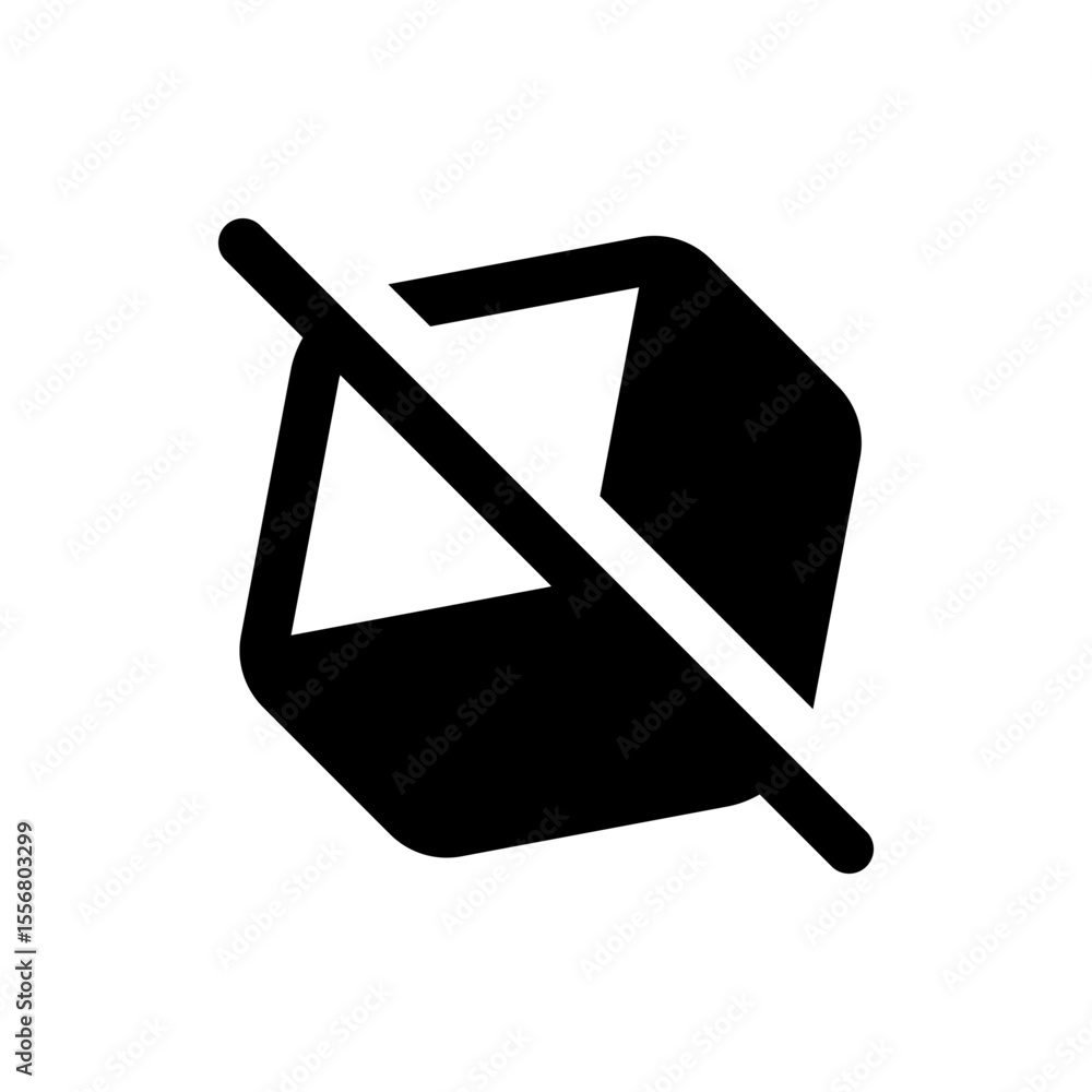 Poster a black cube with rounded edges crossed out by a white diagonal line on a white background showing n