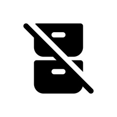 Icon of two stacked storage boxes with rounded corners crossed out by a thick diagonal line symbolising off