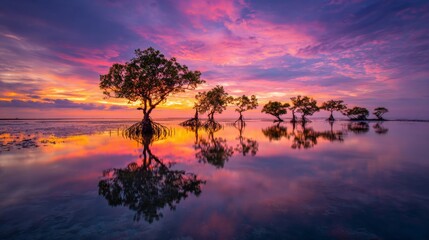 Fototapeta premium A colorful sunset over a mangrove forest, with silhouettes of trees against a dramatic sky, creating a stunning and picturesque coastal view