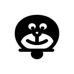 Illustration of a black and white cartoon character with a round face and a bell around its neck looking forward