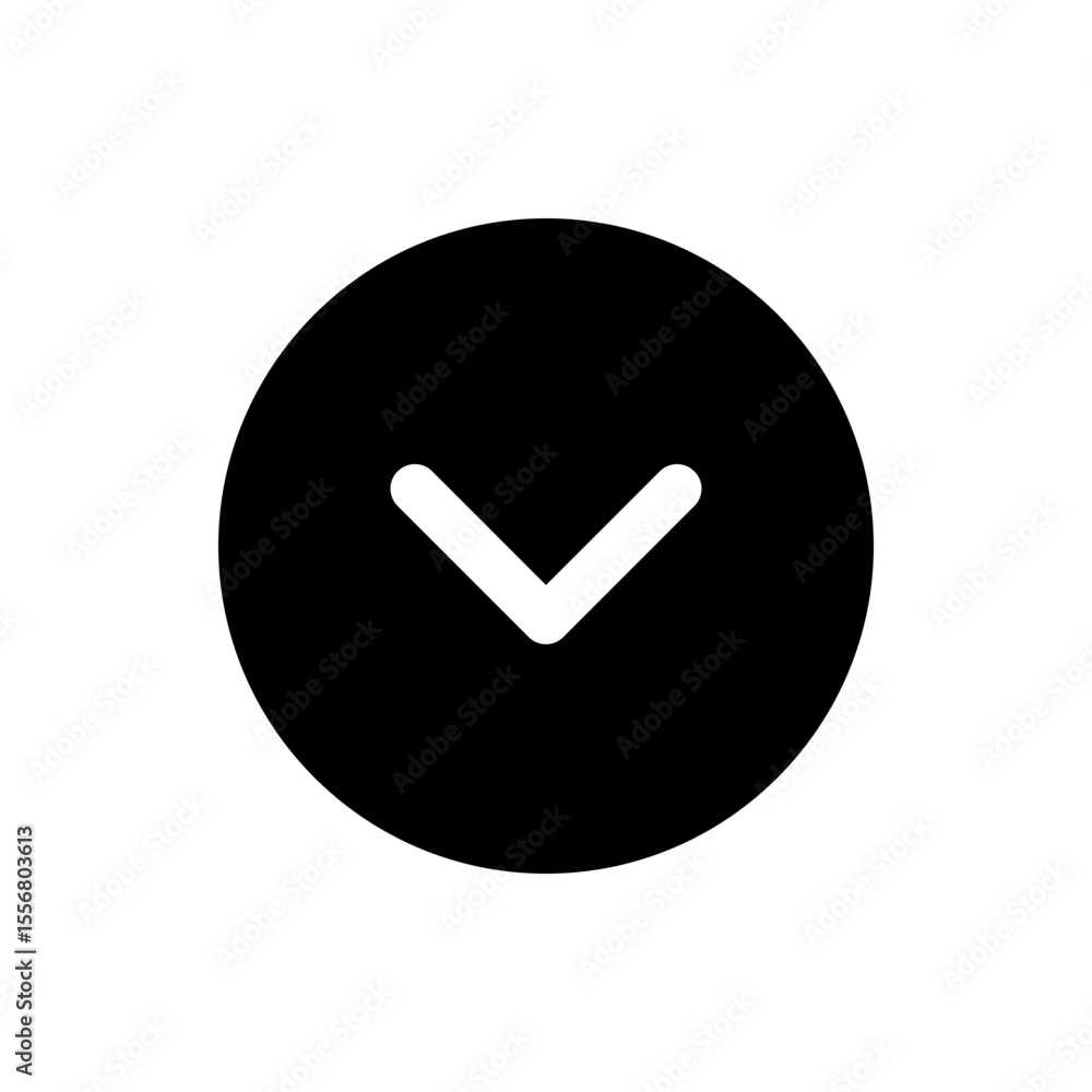 Poster black circle containing a white down arrow indicating scrolling or navigation downwards on a interfa