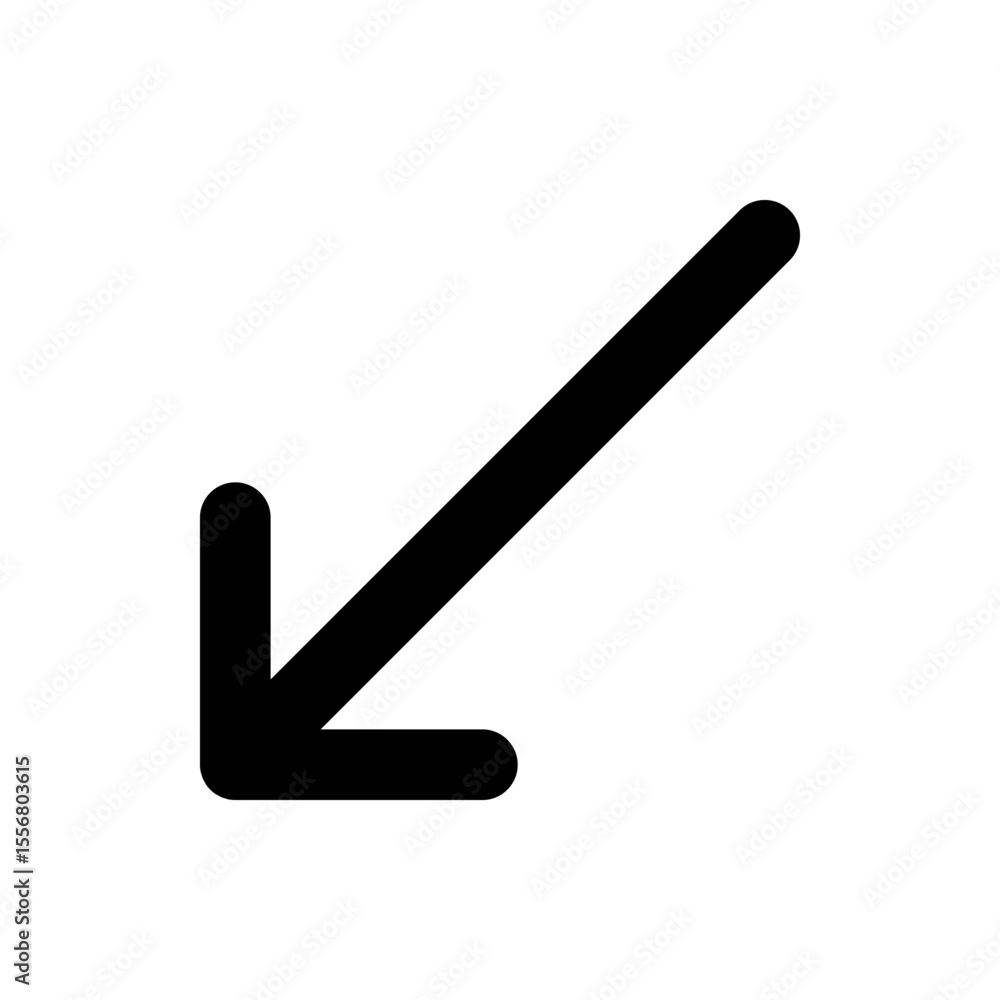 Poster black arrow pointing down and to the left on a white background indicating direction or navigation n