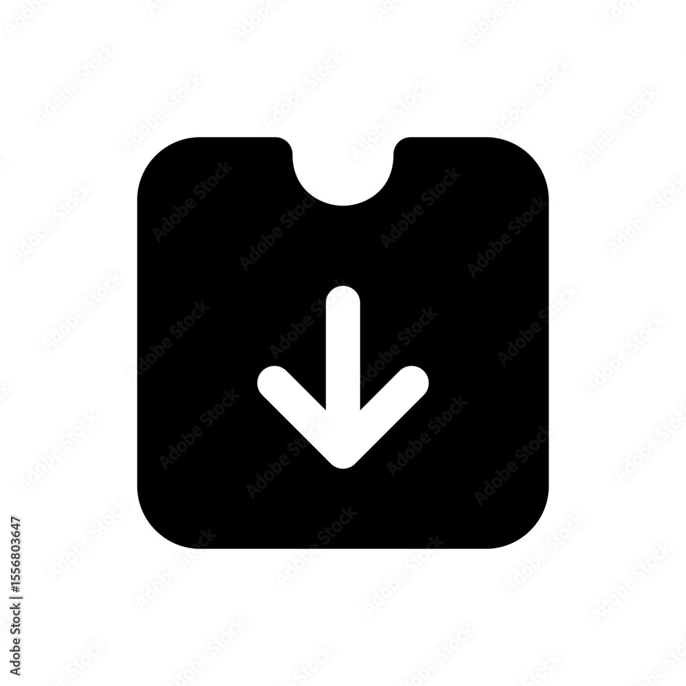 Poster black square with rounded corners and a notch at the top containing a white downward pointing arrow 