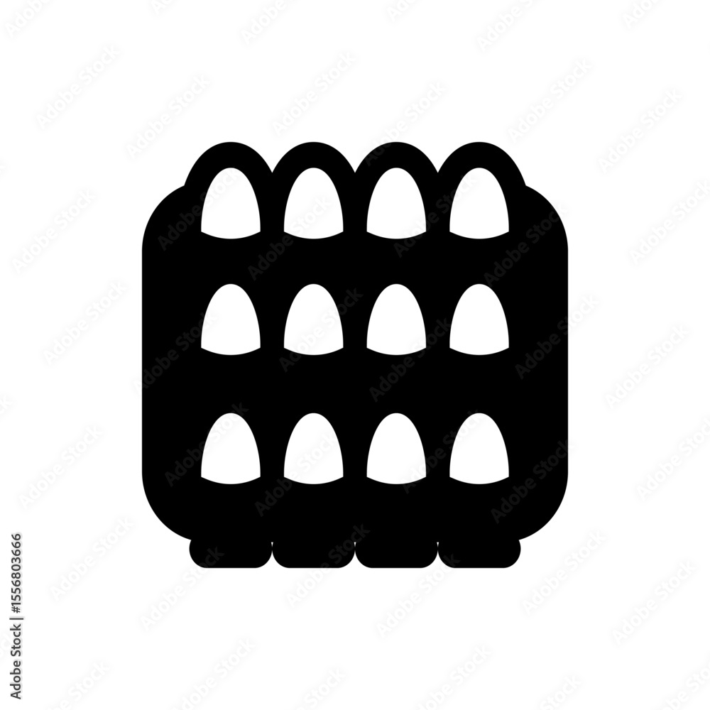 Poster illustration of a black egg carton with twelve white eggs arranged in a rectangular grid pattern sha