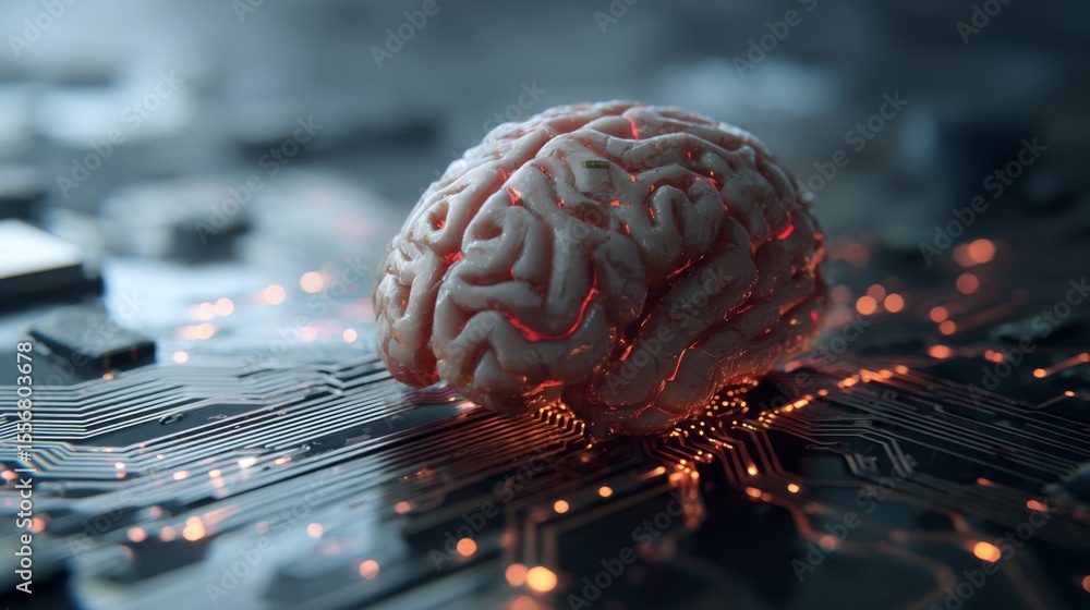 Poster a conceptual image of a human brain surrounded by digital circuit patterns, symbolizing the connecti