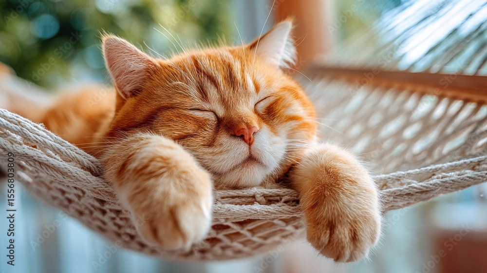 Poster a content chubby cat sleeping soundly in a hammock, its paws dangling off the edge, exuding a sense 