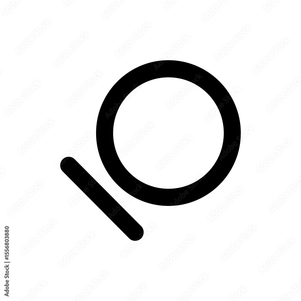 Poster a simple black and white graphic featuring a large circle and a smaller diagonal line underneath it 