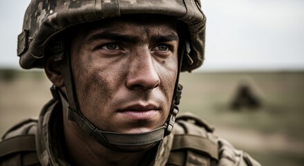 Gritty close-up portrait of a determined soldier with dirt on his face in camouflage gear portraying military duty resilience and the human element of the combat zone