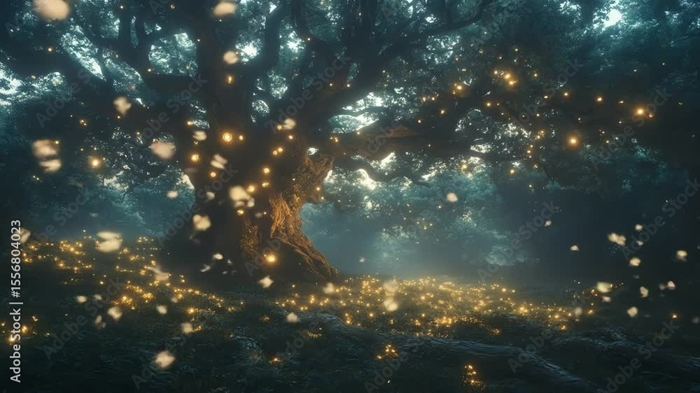Poster large tree in a dark forest with glowing orbs scattered on its branches and on the ground