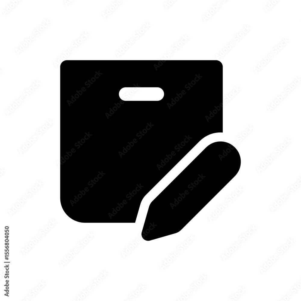 Poster simple black pencil icon with a rounded tip and a white stripe near the eraser end on white backgrou