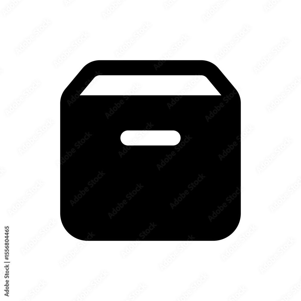 Poster illustration of a black storage box with a handle and a small opening in the front side design eleme