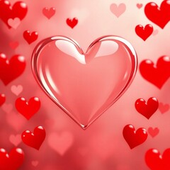 Glass heart with blurred red hearts background