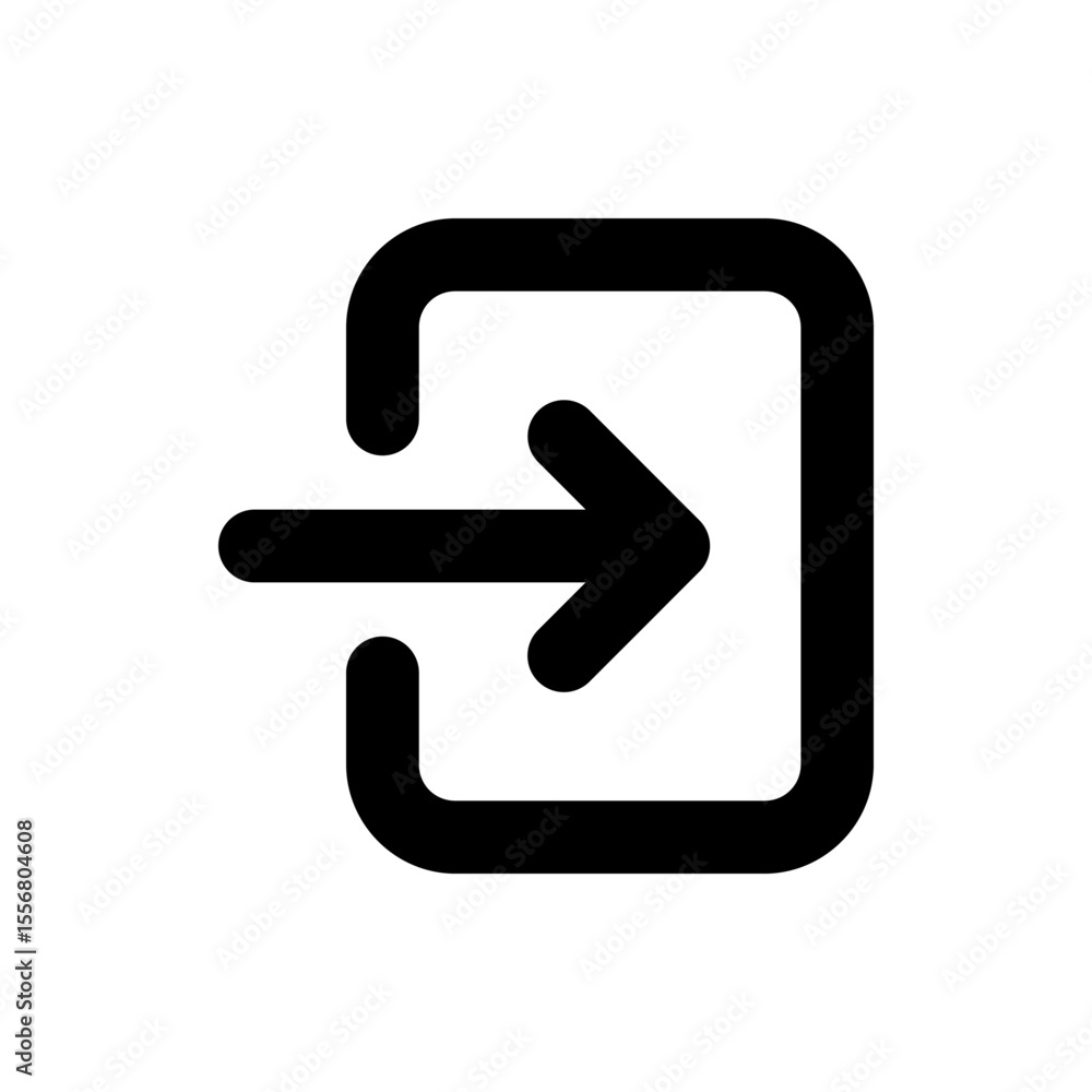 Poster illustration of a simple black arrow pointing right entering a rounded square shape on white backgro