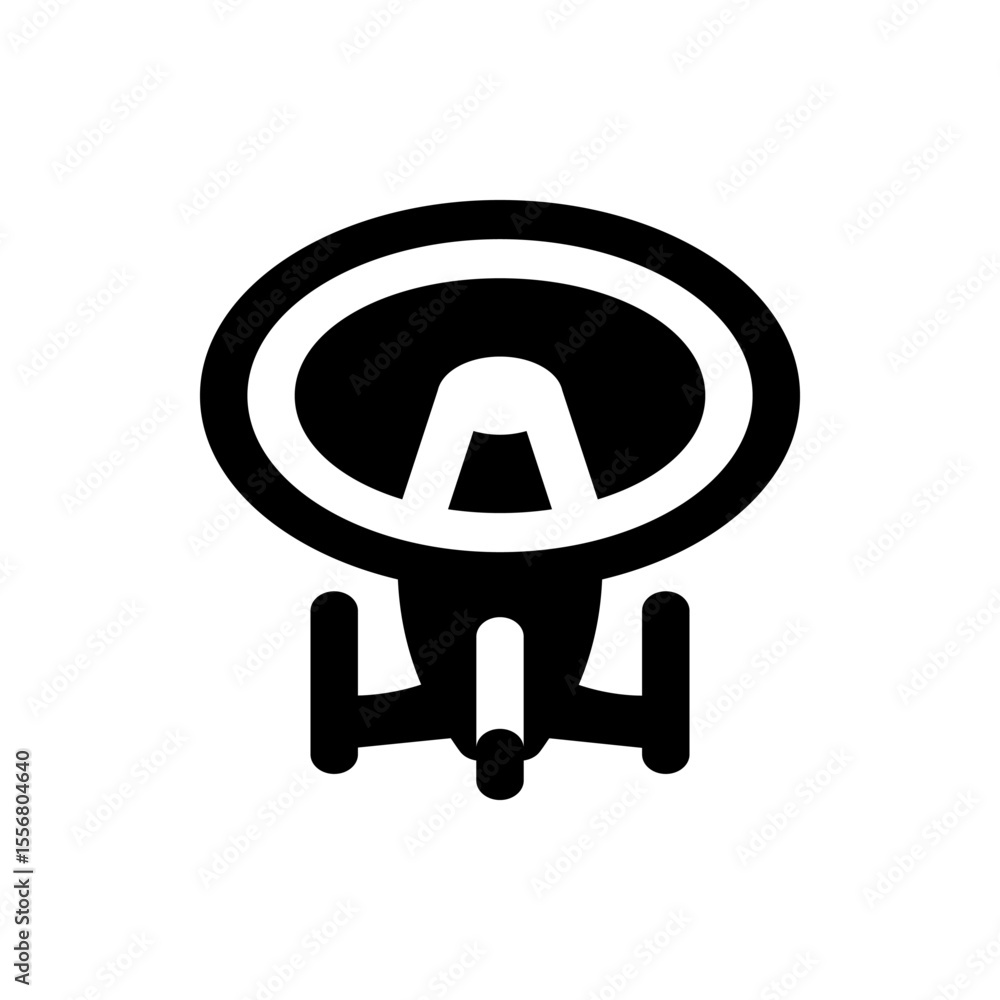 Poster illustration of a stylized spaceship with a circular saucer and three support structures in black an