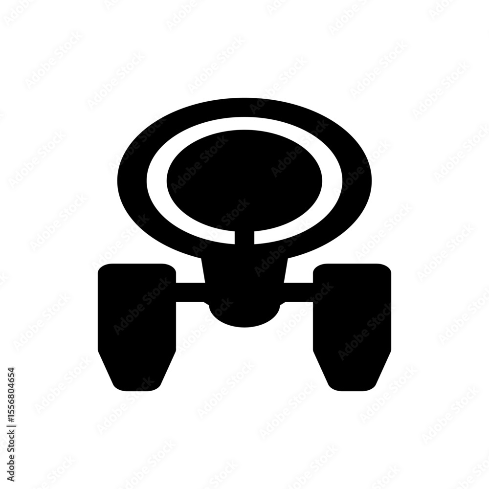 Poster illustration of a black spaceship with a circular top and rectangular side wings on a white backgrou
