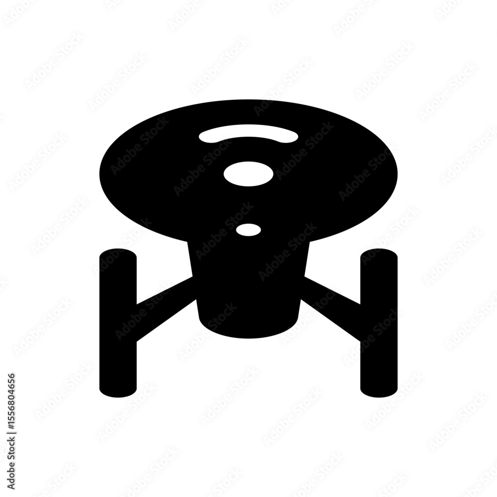 Poster silhouette depiction of a spaceship with a circular body and two extending wings in a simple design