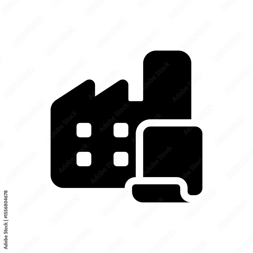 Aufkleber a black factory building with a tall chimney and four windows next to a document with a curled botto