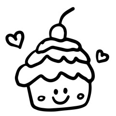 Hand drawn outline of happy cupcake with cherry for kid colouring book, bakery, pastry, food, snack, brunch, afternoon tea, coffee shop, sweet dessert, cute patch, sticker, cuisine, department store