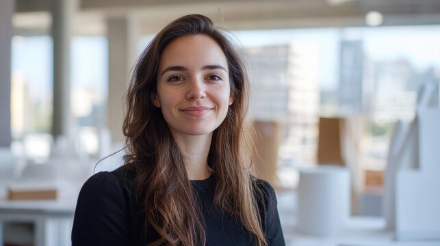 A confident young female architect stands in an office, showcasing her professionalism and creativity in a modern workspace filled with architectural models.