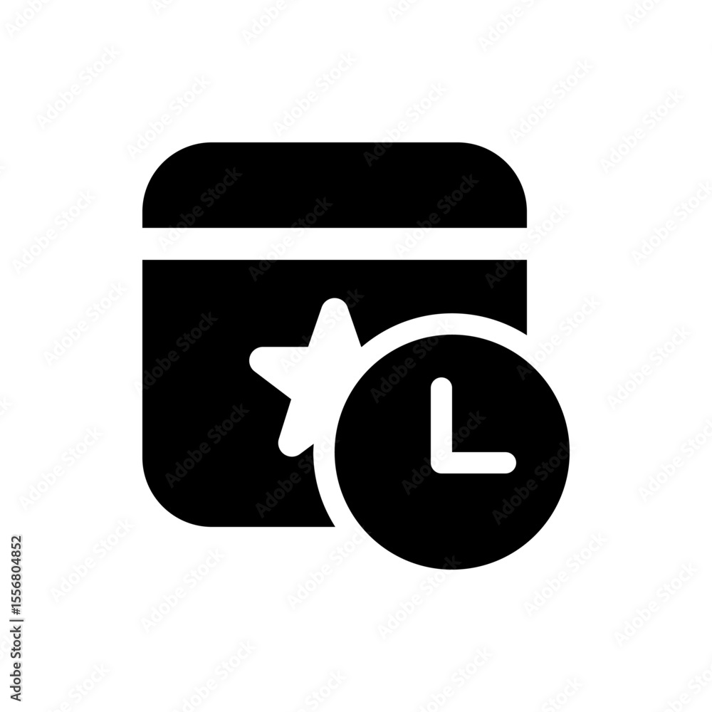 Poster black calendar icon with a white star and a clock indicating time and scheduling appointment reminde
