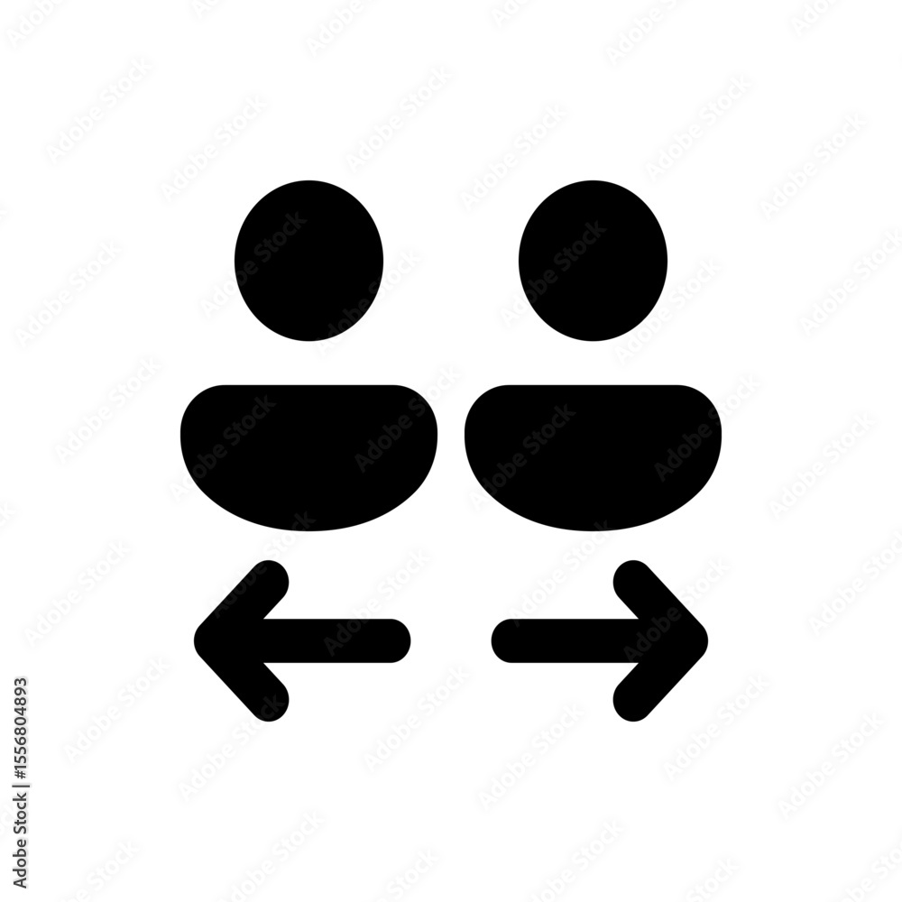 Poster two user icons facing each other with arrows pointing towards each other in a black and white design