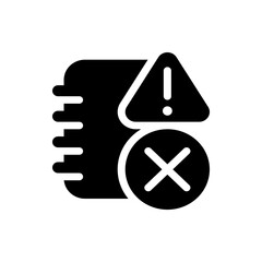 Black file with error triangle and cross mark indicating a problem or deletion on a white background