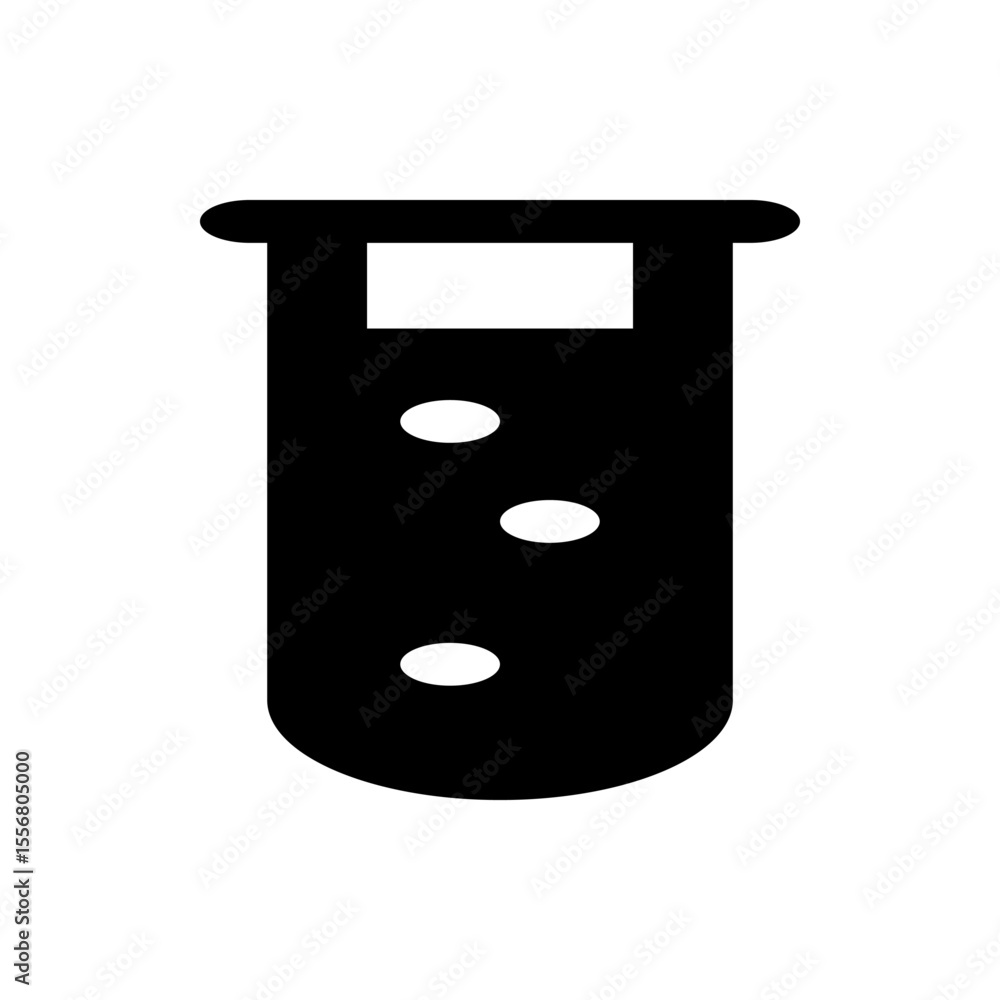 Poster black test tube with rounded bottom and three white circles inside on a white background isolated ob