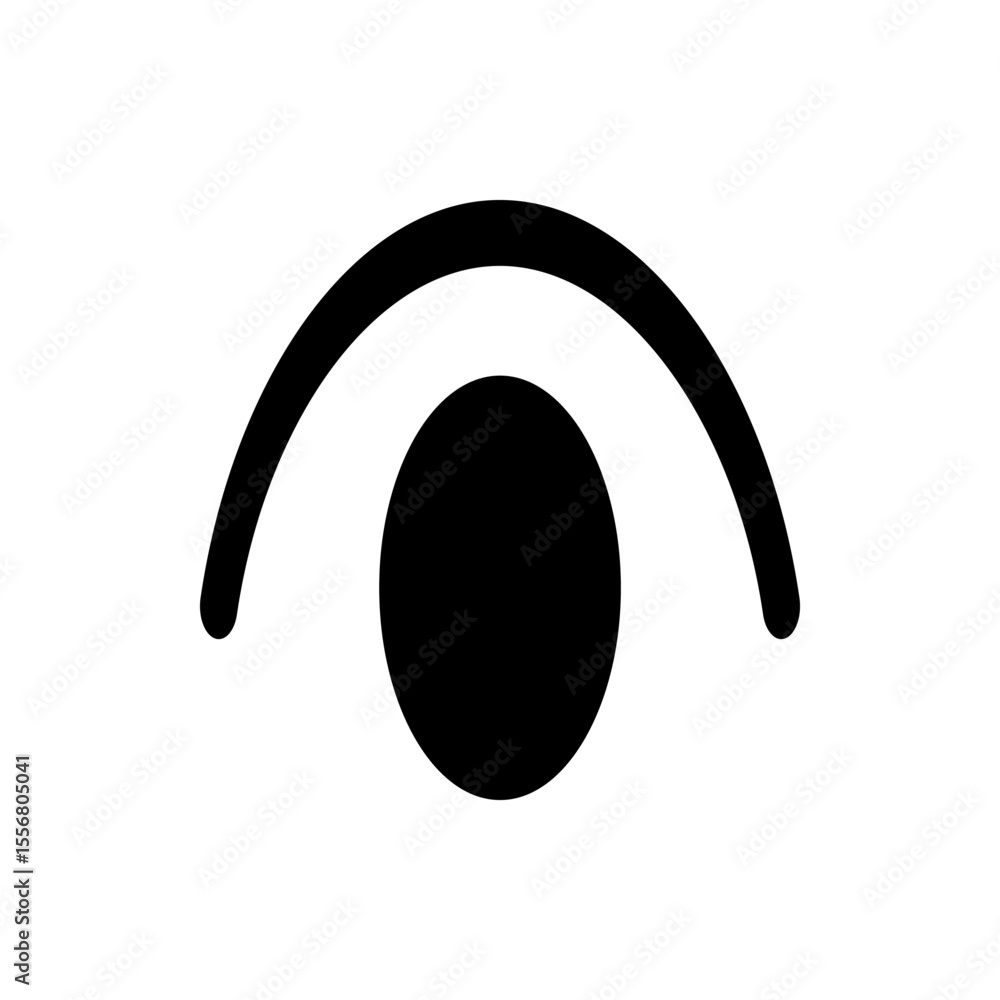 Poster a simple black and white graphic featuring a curved line above a solid circle on a white background 